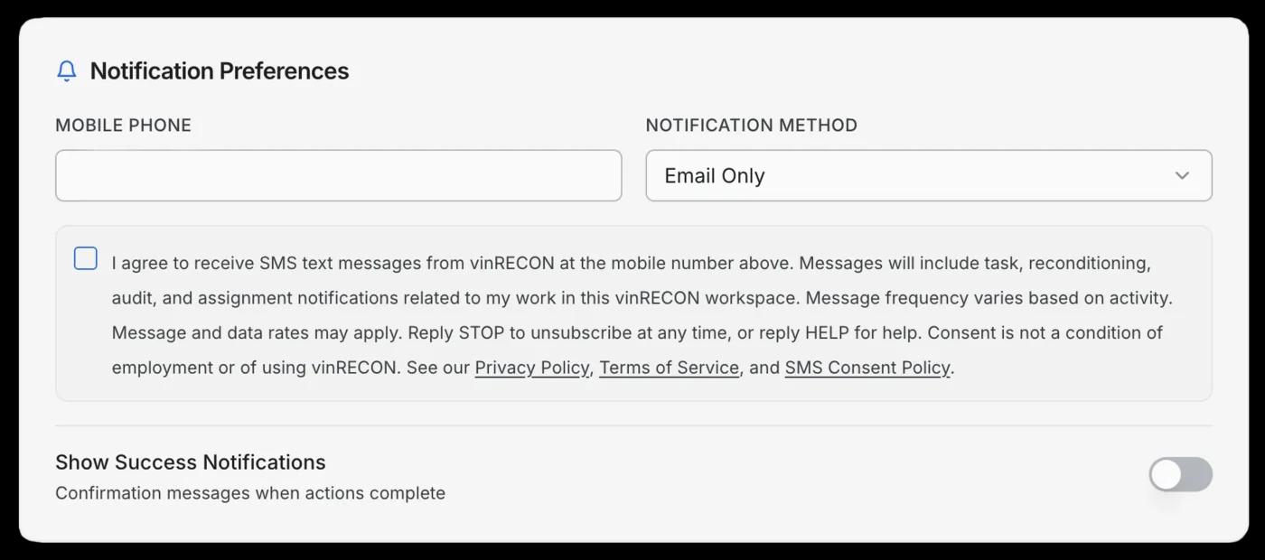 vinRECON Profile Notification Settings screen showing the mobile phone field, notification method, and the same unchecked SMS consent checkbox with disclosure text