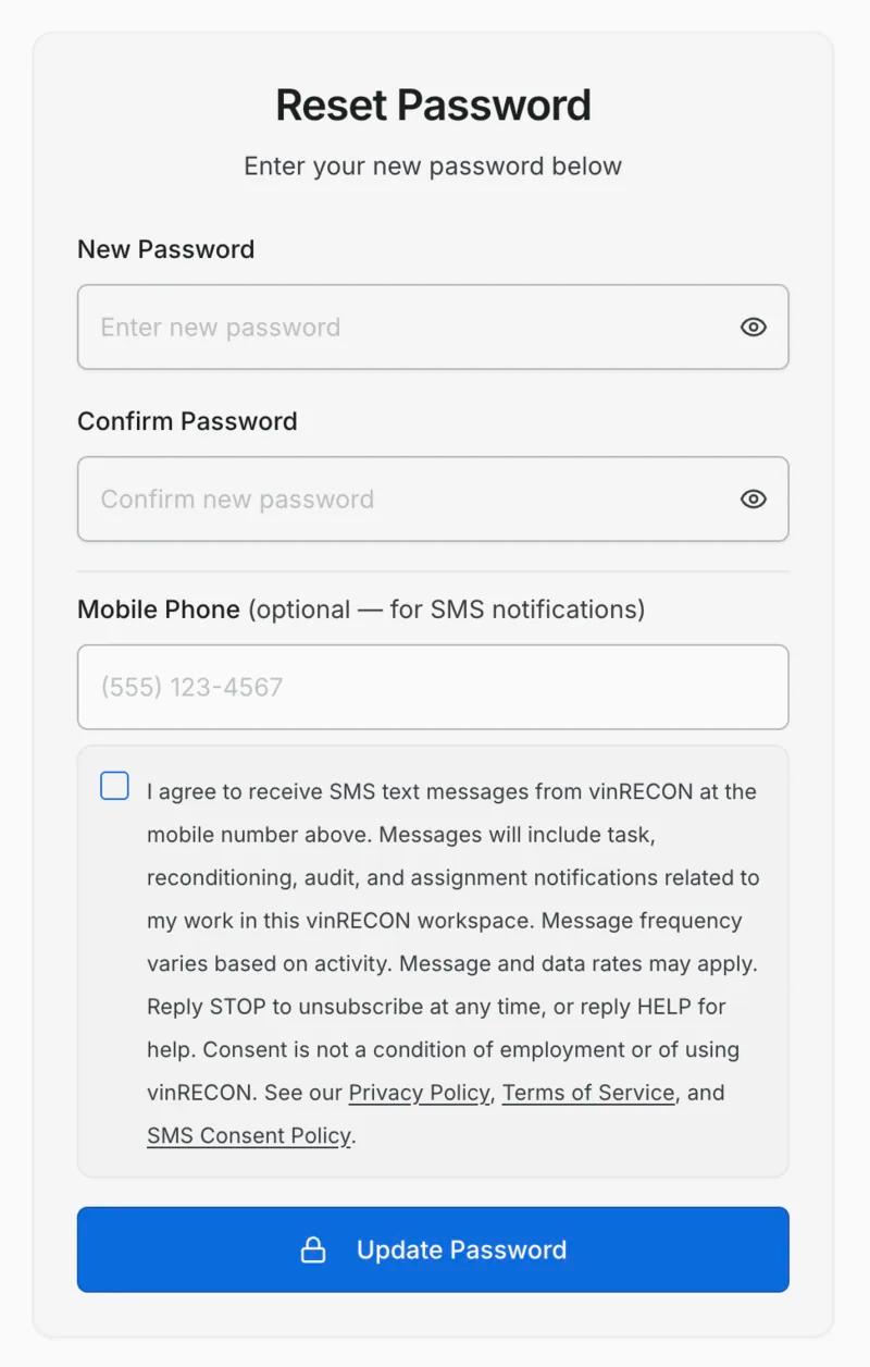 vinRECON account setup screen showing the mobile phone field with an unchecked SMS consent checkbox and the full opt-in disclosure text directly below it